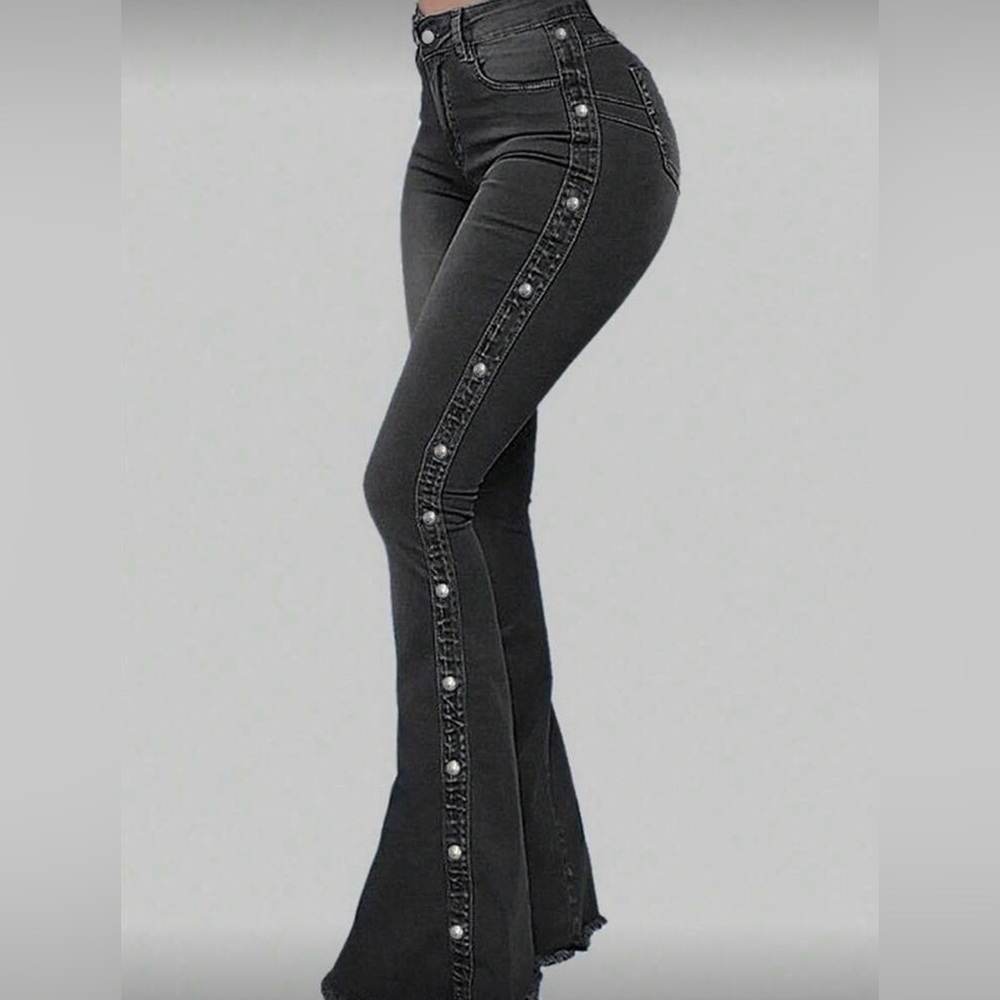 High-Rise Gray Flare Jeans with Decorative Metal Stud Side Detail